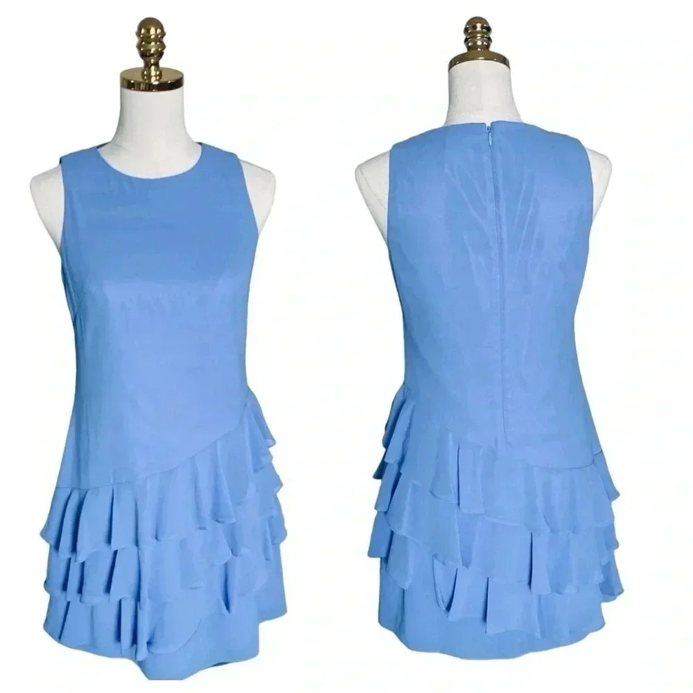 VINCE CAMUTO |Women's Sky Blue Sheer Asymmetric Ruffle Shift Mini Dress Size 2 - Picture 6 of 11